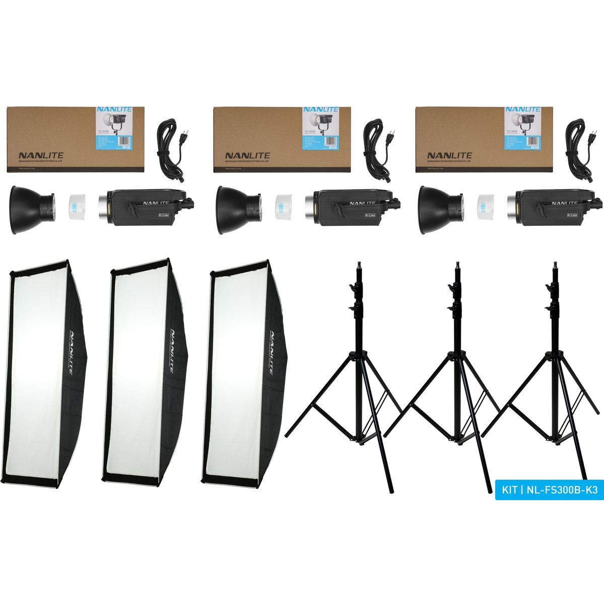 Nanlite FS300B LED Tripple Kit (w/ Case Light Stand Fresn...