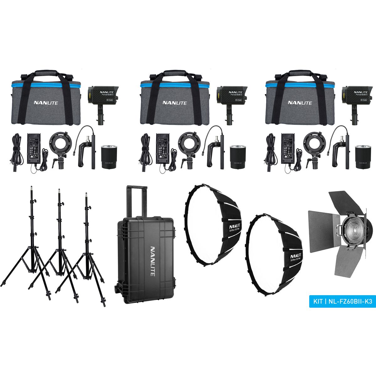Nanlite Forza 60B II LED Tripple Kit (w/ Case Light Stand... afbeelding