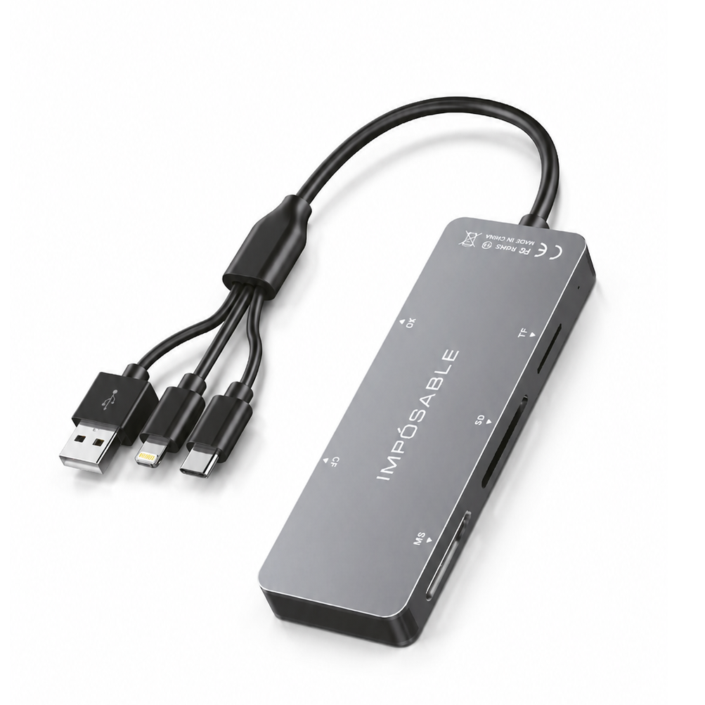 IMPÓSABLE kaartlezer voor iPhone, USB C en USB A - SD, Micro SD, CF, MS en XD